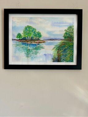 Original Watercolor Lake Reflection Landscape Framed Nature Wall Art
